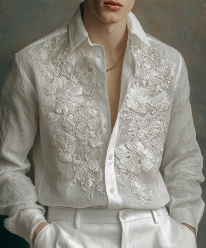 Men's Lace Flowers Embroidered Comfy Linen Blouse