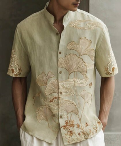 Men's Japanese-style Ginkgo Leaf Pattern Linen Short-sleeved Shirt