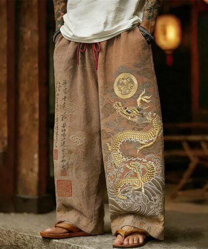 Men's Retro Calligraphy With Dragon Wave Art Linen Pants