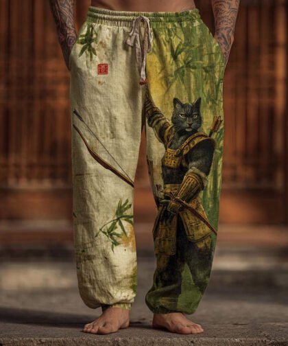 Men's Retro Archery Cat Print Art Linen-blend Casual Pants