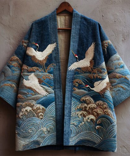 Japanese Cranes & Sea Waves Embroidered Linen Kimono Cardigan