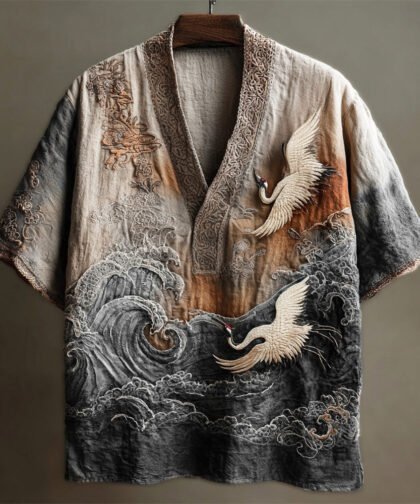 Japanese Embossed Crane Art Men's Linen V-neck Shirt