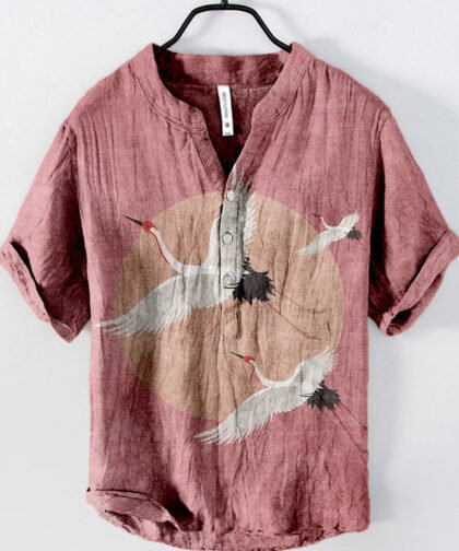 Flying Cranes Japanese Art Pattern Linen Blend Shirt