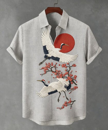 Men's Japanese-style Floral And Crane Print Short-sleeved Shirt