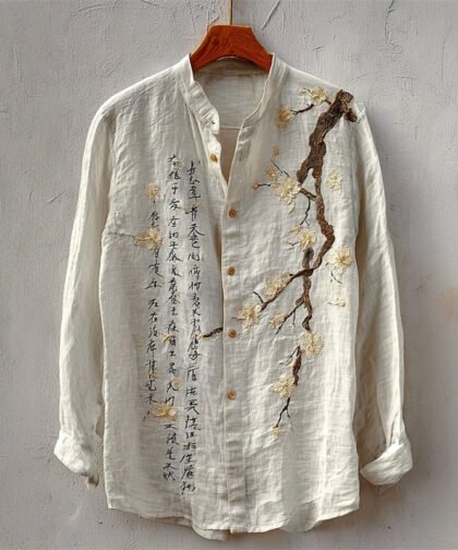 Japanese Plum Blossom Calligraphy Linen Shirt