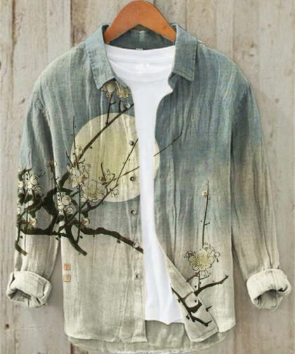 Plum Blossom Full Moon Night Gradient Japanese Art Linen Blend Shirt
