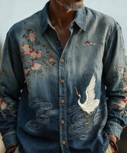 Men's Retro Japanese Cherry Blossom And Crane Art Linen Blend Shirt