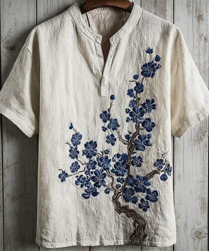 Vintage Japanese Plum Blossom Art Comfy Linen Shirt