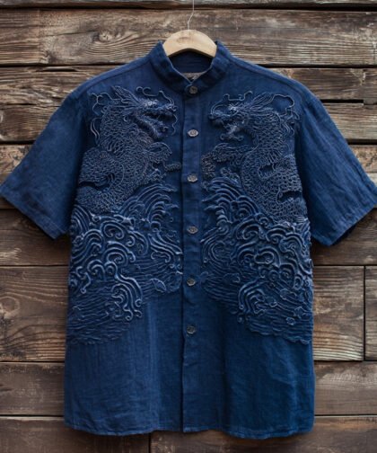 Japanese Waves & Dragon Embroidered Linen Shirt