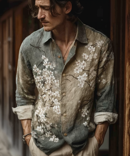 Bohemian Retro Style Floral Print Men's Long-sleeve Shirt