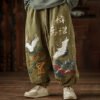 Men's Japanese Crane Art Contrast Wide Leg Linen Pants