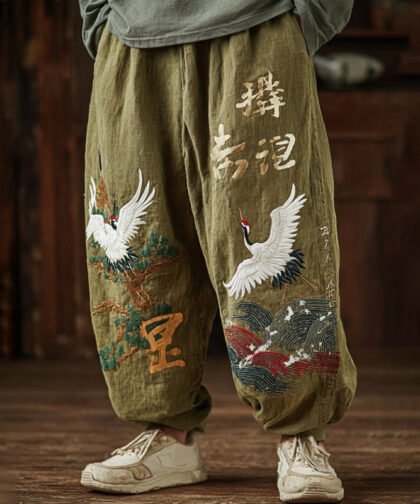 Men's Japanese Crane Art Contrast Wide Leg Linen Pants