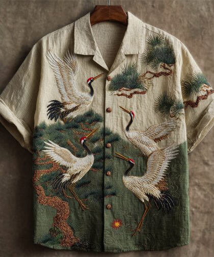 Japanese Cranes & Pine Trees Embroidered Contrast Linen Shirt