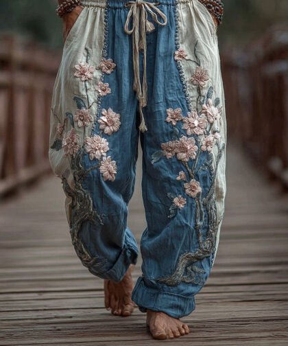 Men's Japanese Cherry Blossoms Embroidered Art Wide Leg Linen Pants