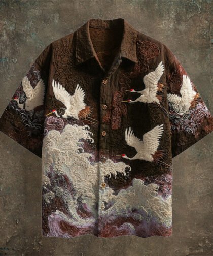 Japanese Wave & Crane Men's Casual Linen Short Sleeve Shirt