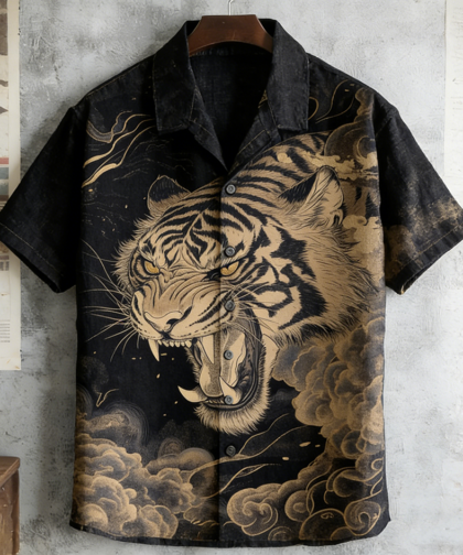 Japanese Art Vintage Tiger Pattern Men's Short Sleeve Shirt