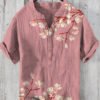 Men's Vintage Japanese Art Magnolia Flower V Neck Casual Linen Blend Shirt