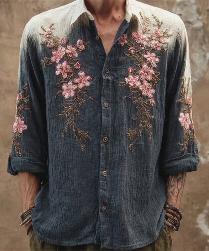 Vintage Boho Floral Art Men's Gradient Linen Long Sleeve Shirt