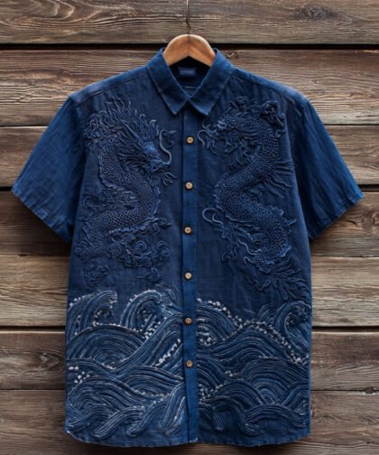 Japanese Waves & Dragon Embroidered Cozy Linen Shirt