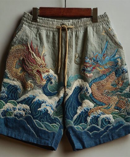Japanese Dragons & Sea Waves Embroidered Linen Shorts