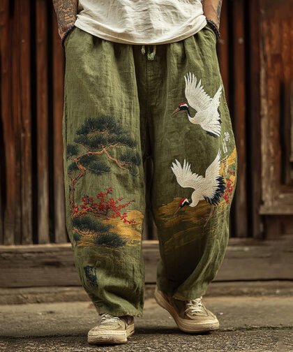 Men's Vintage Japanese Songhe Art Embroidery Art Linen Blended Casual Pants