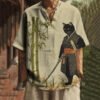 Men's Men's Japanese Black Cat Swordsman Bamboo Embroidery Print Casual V Neck Shirt