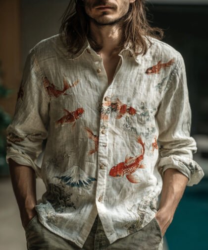 Men's Japanese Carp And Mount Fuji Below Button-down Shirt