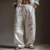 Men's White Almond Blossom Flowy Wide Leg Linen Pants