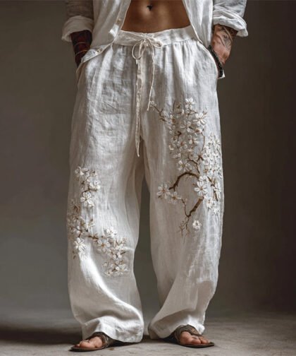 Men's White Almond Blossom Flowy Wide Leg Linen Pants