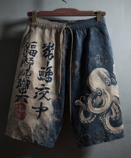 Retro Japanese Calligraphy And Octopus Art Pattern Casual Linen Shorts
