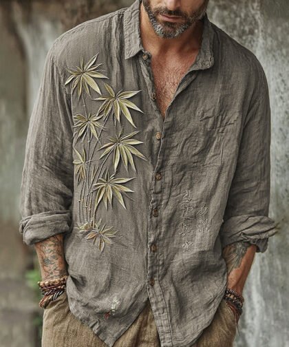 Men's Vintage Japanese Bamboo Embroidery Art Long Sleeve Linen Blend Shirt