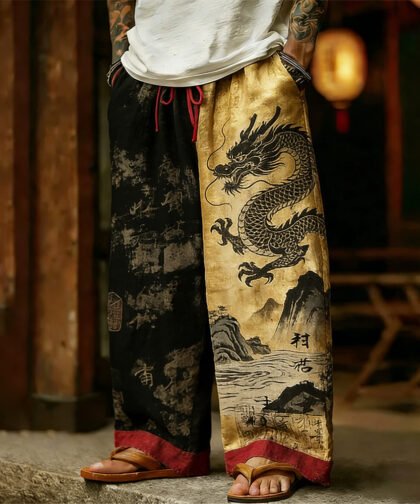 Men's Japanese Art Dragon Totem Print Contrasting Color Trousers