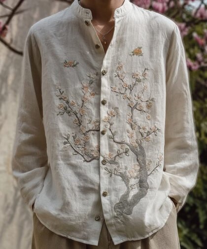 Vintage Japanese Plum Blossom Art Casual Linen Blouse
