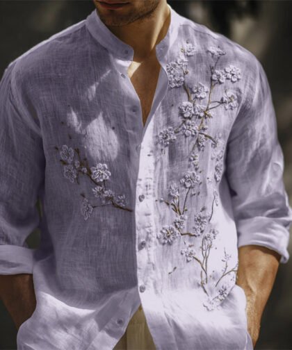 Men's Classy White Almond Blossom Embroidered Linen Shirt