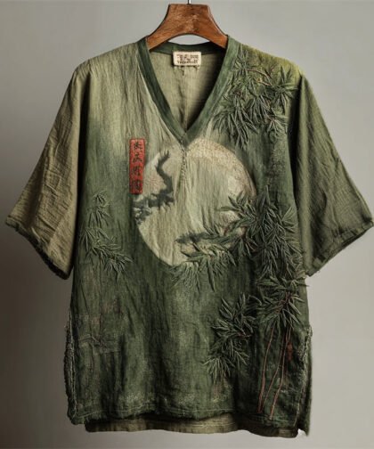 Japanese Bamboo Forest Full Moon Embroidered Gradient Linen Shirt