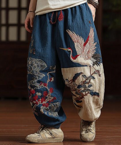 Men's Japanese Red-crowned Crane Art Contrast Wide Leg Linen Pants