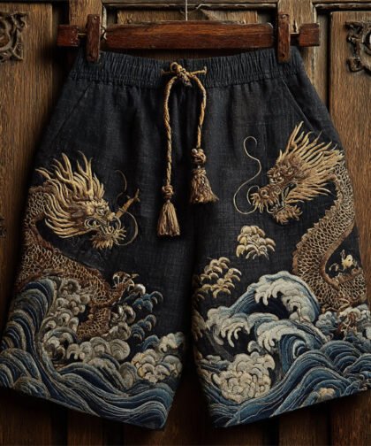 Japanese Golden Dragons & Sea Waves Embroidered Linen Shorts