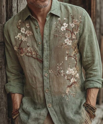 Men's Japanese-style Cherry Blossom Art Casual Shirt