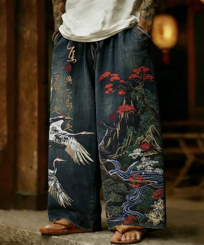 Men's Retro Japanese Crane With Landscape Art Linen Pants