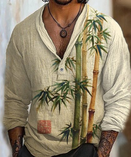 Men's Bamboo Natural Art Print Long Sleeve Shirt