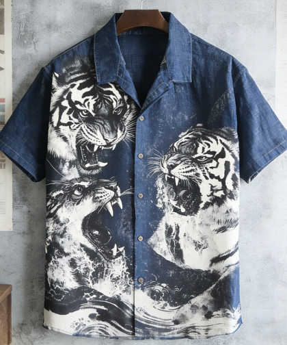 Japanese Art Vintage Tiger Pattern Men's Short Sleeve Shirt