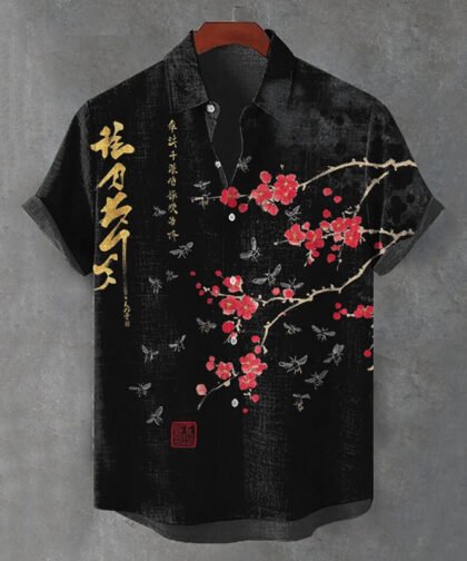 Men's Vintage Bees And  Red Plum Blossom Pattern Casual Shirt
