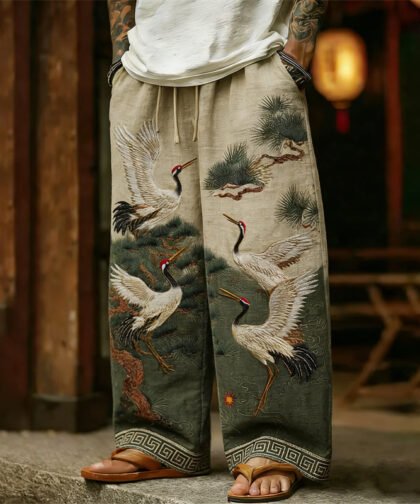 Men's Cranes & Pine Trees Japanese Art Linen Pants