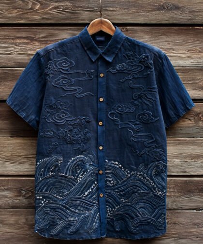 Vintage Ocean Waves Art Short Sleeve Linen Shirt