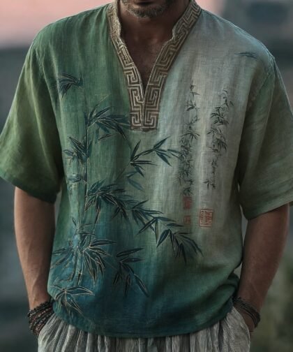 Japanese Bamboo Pattern Embroidered Color Blocked Linen Blend Shirt