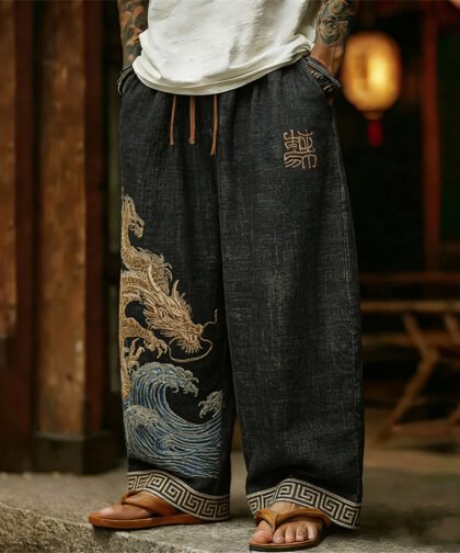 Men's Japanese Golden Dragon Sea Waves Linen Pants