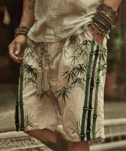Men's Bamboo Art Print Linen Blend Casual Shorts