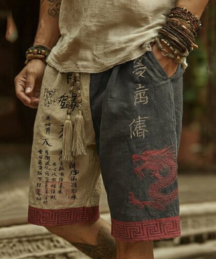 Men's Retro Japanese Calligraphy And Dragon Art Pattern Linen Blend Shorts