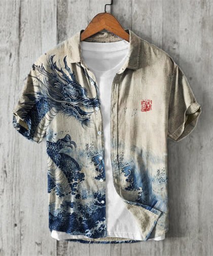 Ancient Dragon & Sea Waves Japanese Art Linen Shirt