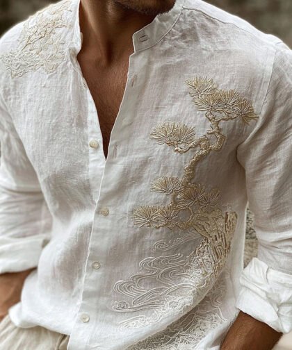 Men's Vintage Pine Tree Art Pattern Linen Blend Shirt